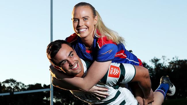 Manly Mermaids player Cass Wood with her boyfriend, Warringah’s Tyson Davis. Picture: Tim Hunter.