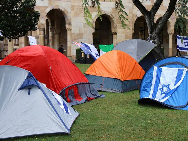 Pro Palestine students at University of Queensland campus protested on site today and for a period of time took over the Advanced Engineering building. Israel Shalom camp at UQ St Lucia Thursday 16th May 2024 Picture David Clark