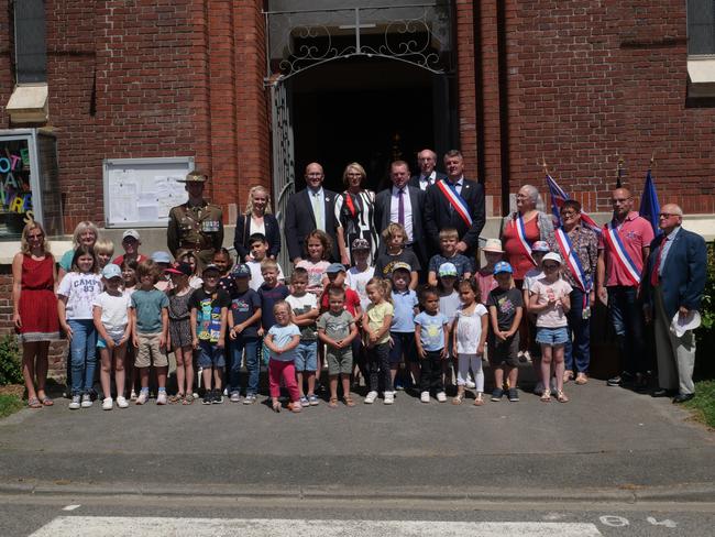 SA Agent General David Ridgway and former Labor MP Jane Lomax-Smith attend a ceremony in Dernancourt, France, during which soil was taken from a World War I battlefield for an Adelaide memorial. Picture: supplied