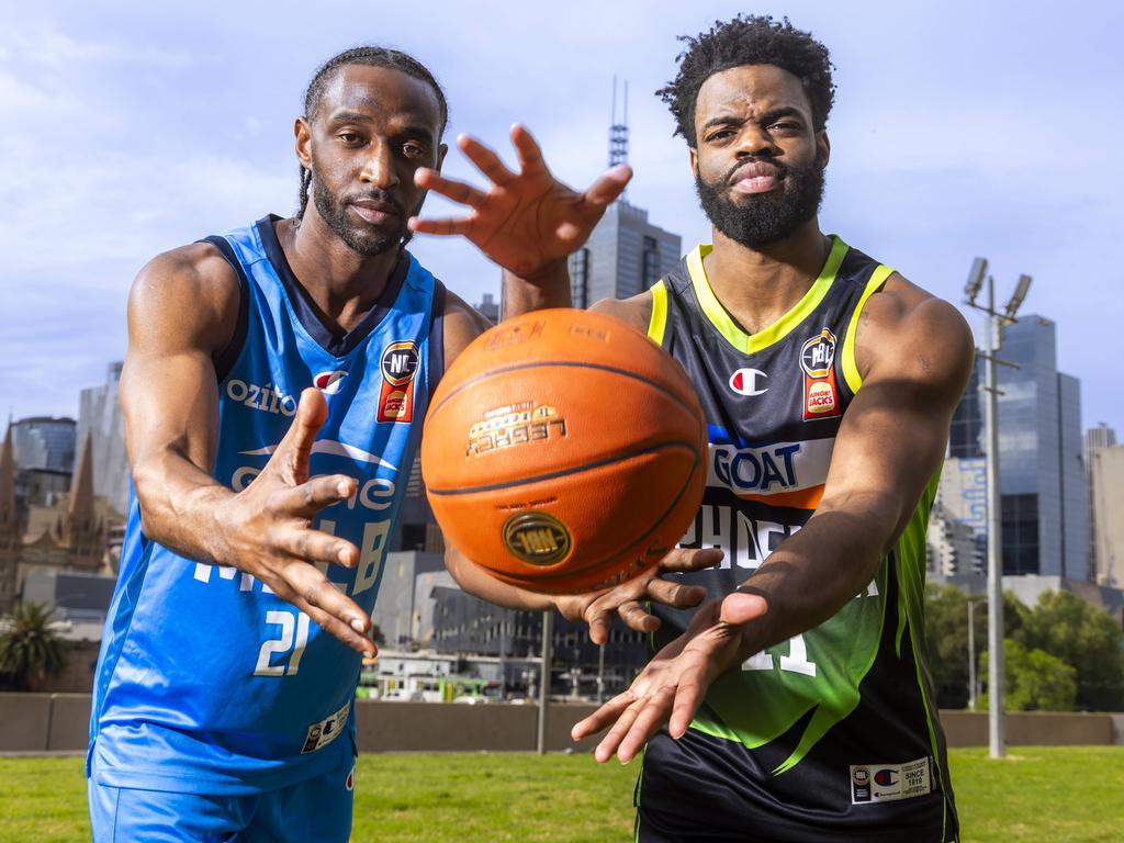 Melbourne United’s Ian Clarke and South East Melbourne’s Derrick Walton Jr prepare for the All-Melbourne Throwdown. Picture: Wayne Taylor