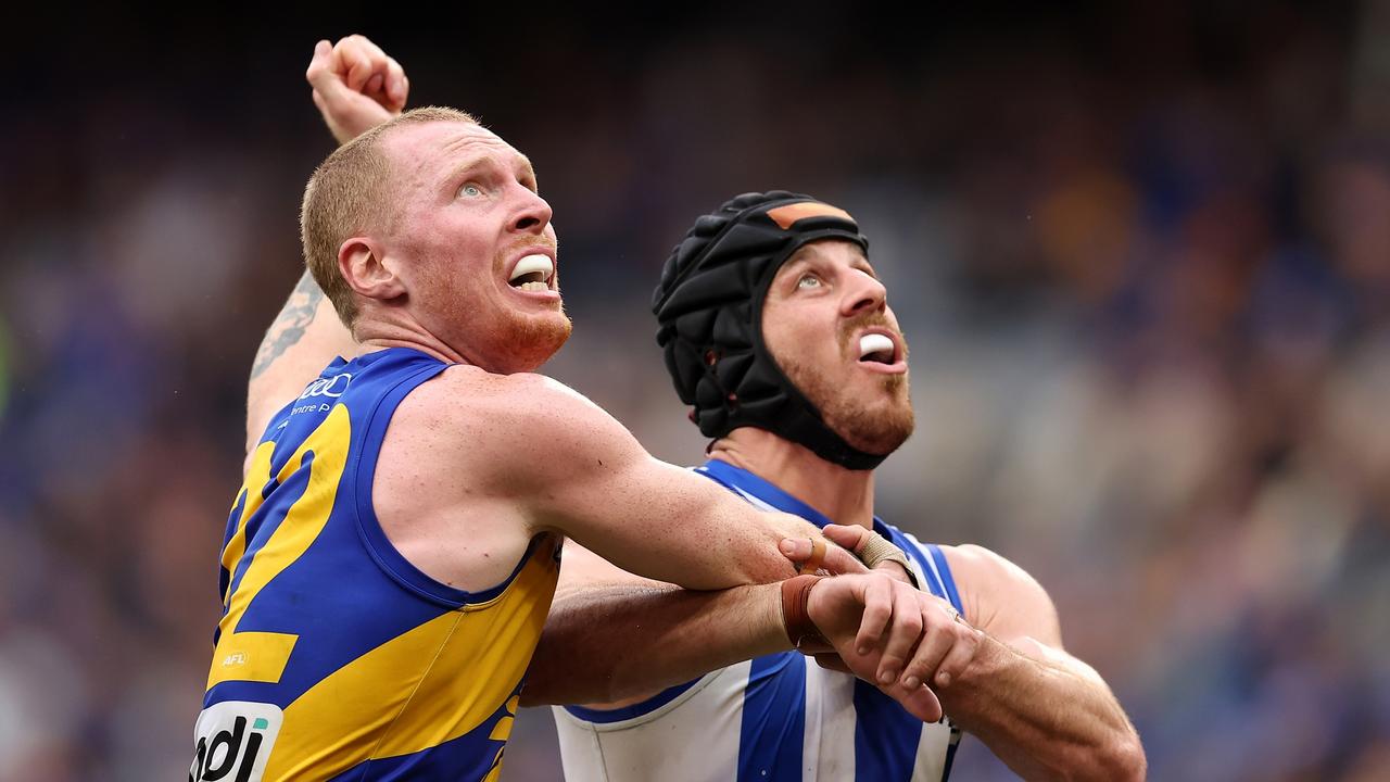 PERTH, AUSTRALIA – JUNE 08: Bailey J. Williams of the Eagles and Tristan Xerri of the Kangaroos contest the ruck during the round 13 AFL match between West Coast Eagles and North Melbourne Kangaroos at Optus Stadium, on June 08, 2024, in Perth, Australia. (Photo by Paul Kane/Getty Images)