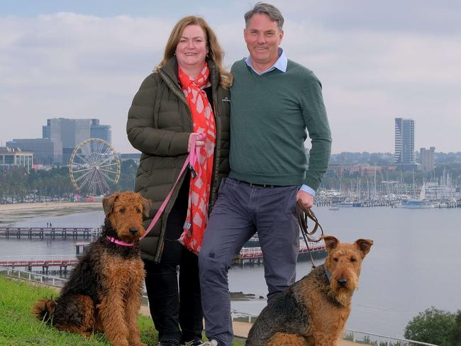 New Deputy Labor PM Richard Marles with his wife Rachel Schutze and dogs Alfie and Betsy overlooking Geelong. Picture: Mark Wilson