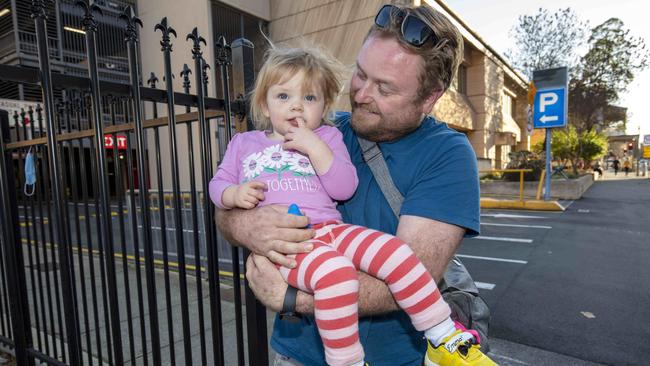 Daniel Steele with his daughter Hope, 2, outside the Women’s and Children’s Hospital parking building. Picture: Emma Brasier