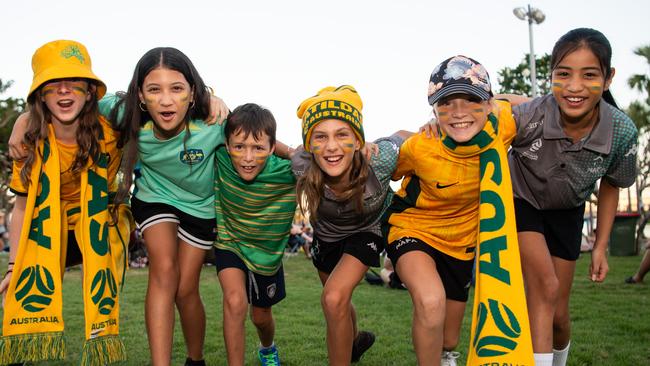 Erin Willoughby, Liana Arias, Jack Furlotte, Nyah Bertschi, Katie Furlotte and Merietta Tira as thousands of fans gather to watch the Matildas take on England in the World Cup Semifinal at Darwin Waterfront. Picture: Pema Tamang Pakhrin