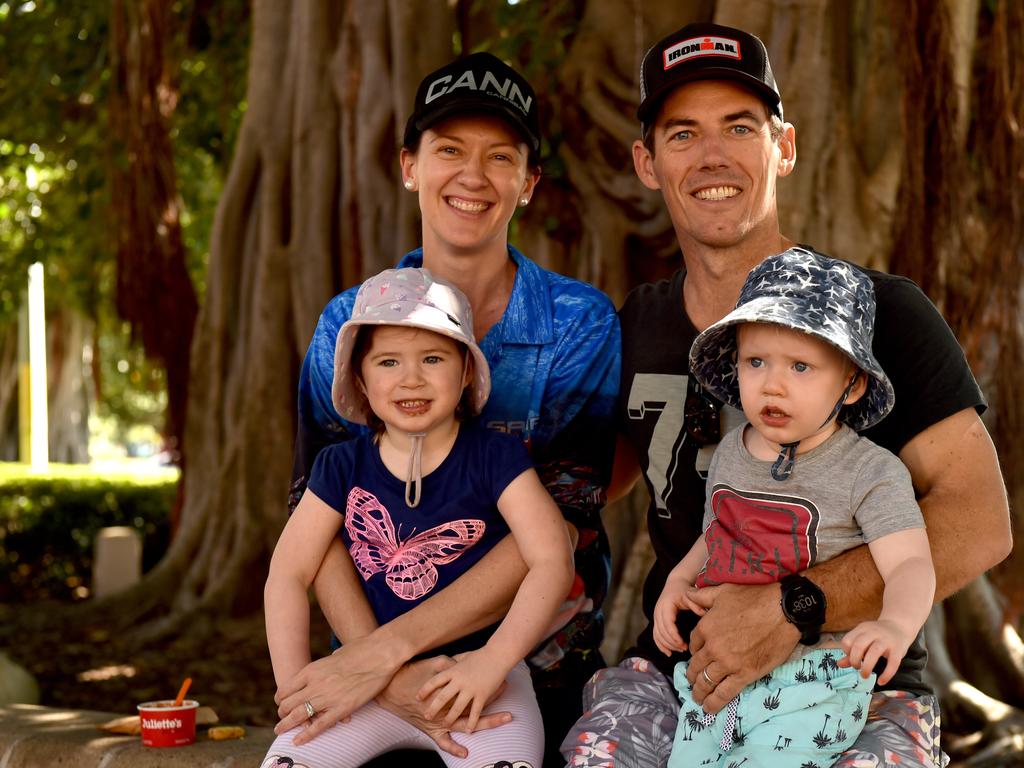 Townsville residents relaxing on the Strand after the relaxation of COVID-19 restrictions. Celeste and Dave Acree with Grace, 3, and Henry, 1, from Garbutt. Picture: Evan Morgan