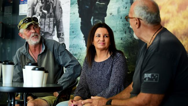 Senator Jacqui Lambie and Kennedy MP Bob Katter meet with veterans at Australian Warfighter Coffee. Jacqui speaks with Jason Watson and Noel Green. Picture: Alix Sweeney