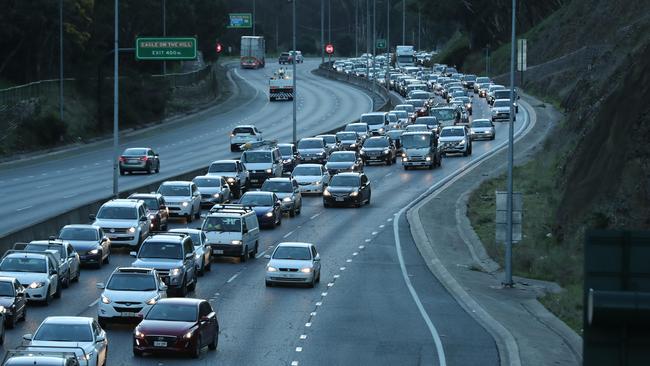 Traffic banked up on the South-Eastern Freeway after a truck fire. Picture: Tait Schmaal