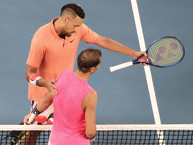 Kyrgios (L) gestures for Nadal to walk-off first. Picture: David Gray/AFP