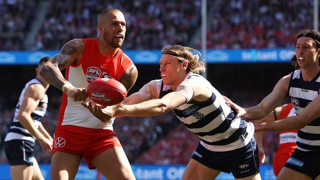 Lance Franklin gets an early touch. Picture: Mark Stewart