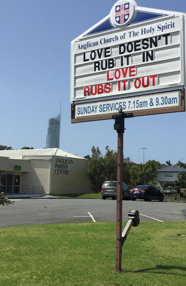 The Surfers Paradise Anglican Church of the Holy Spirit with its controversial road sign.