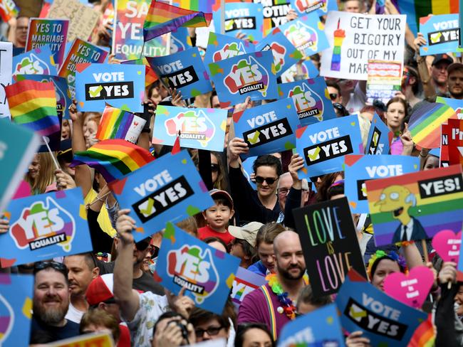 Protesters gather for a rally in support for marriage equality in Sydney on Sunday. Picture: AAP