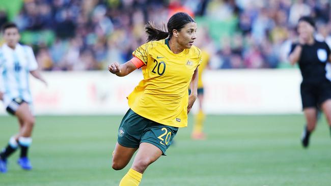 Matildas captain Sam Kerr in action against Argentina in Melbourne last week. Picture: Michael Dodge.