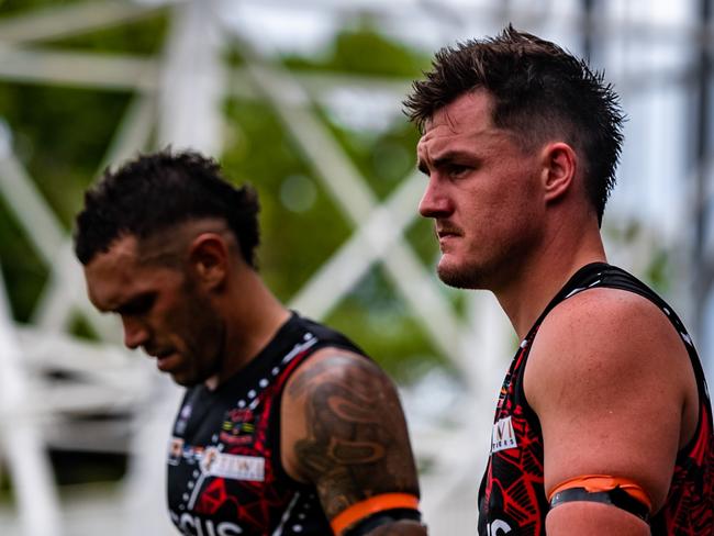 Harley Bennell (left) has been a shining light for the Tiwi Bombers in the 2022-23 NTFL season. Picture: Patch Clapp / AFLNTMedia.