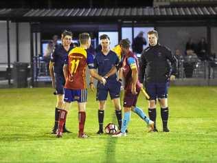 KSS Jets captain Jarrod Best shakes hands with the Brothers Aston Villa captain before the start of a match earlier this season. Picture: Brendan Bowers