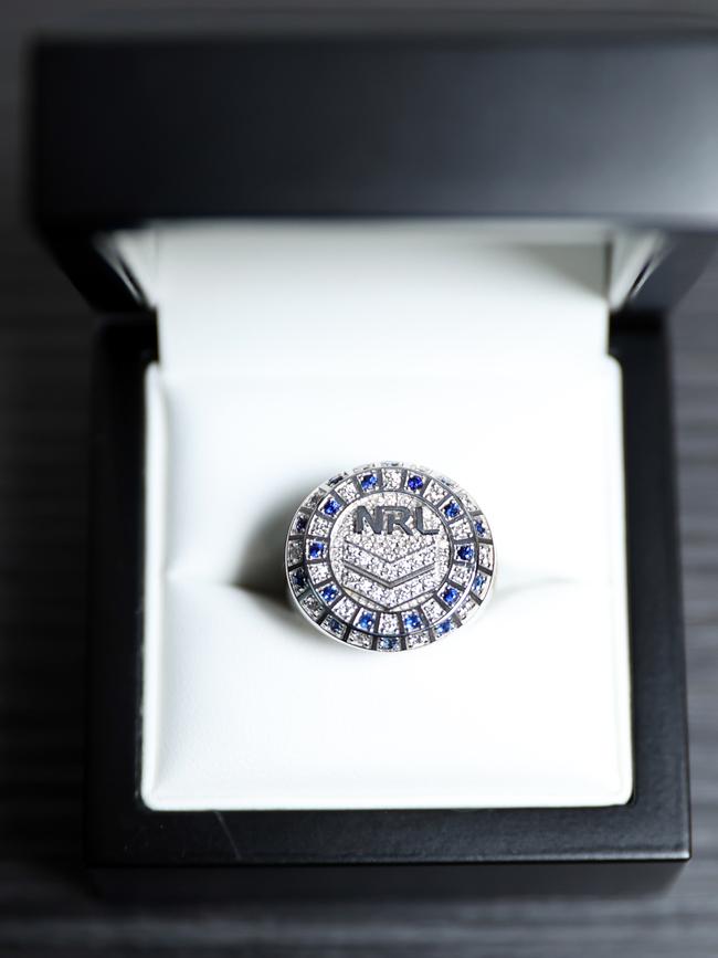 The 2021 NRL Premiership winners ring which has been designed with the help of Police Commissioner Mick Fuller. Picture: Richard Dobson