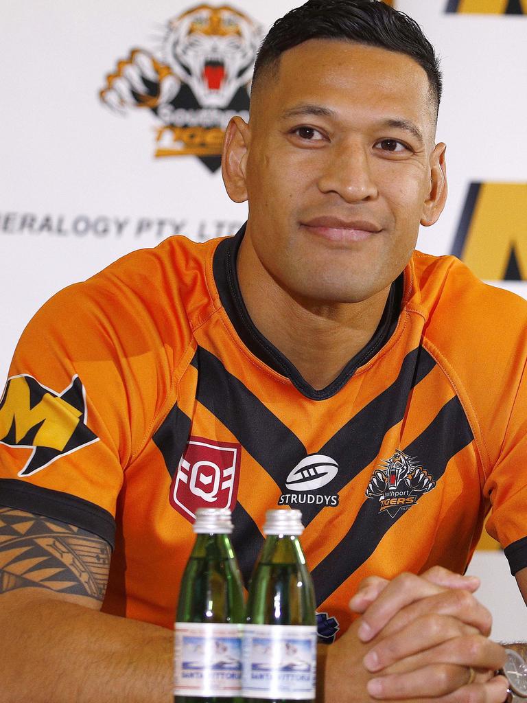 Israel Folau during a media conference which was held in Brisbane. Picture: NCA NewsWire/Tertius Pickard