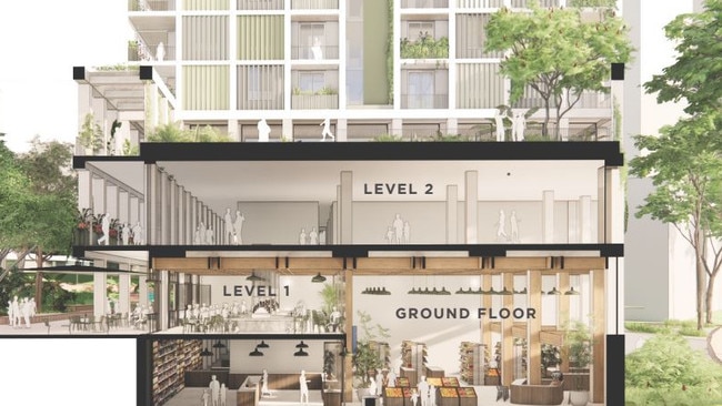 It will include a four-level podium with a two level market hall, gym, pool and rooftop garden.