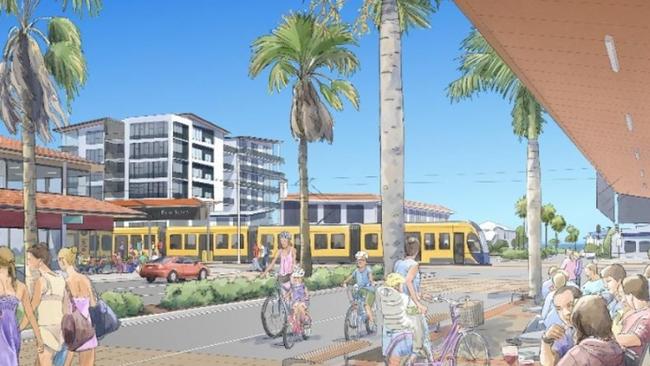 Plans for light rail Stage Four through Palm Beach, showing a pedestrian mall and medium high rise buildings.