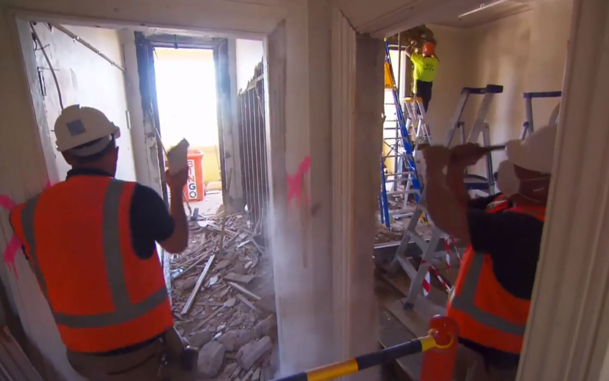 There’s a lot of walls to bring down and floors to be levelled in house one. Picture: Channel 9