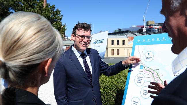 Federal Population, Urban Infrastructure and Cities Minister Alan Tudge discussing details of the City Deal with Attorney-General Elise Archer and Senator Eric Abetz. Picture: NIKKI DAVIS-JONES