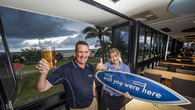 Coolangatta Surf Club CEO Steve Edgar and barmaid Jo Johnston are excited for the border reopening. Picture: Nigel Hallett