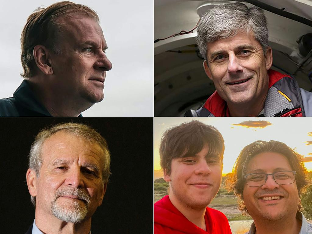 Passengers (L-R, top to bottom) Hamish Harding, Stockton Rush, Paul-Henri Nargeolet, Suleman Dawood and his father Shahzada Dawood. Picture: various sources/AFP