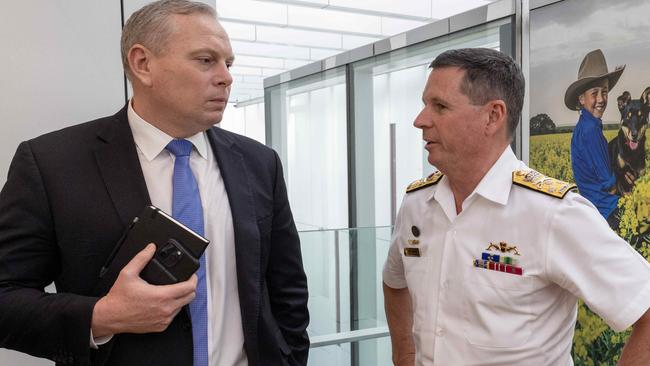 BAE Systems Australia chief executive officer Ben Hudson with Chief of Navy Vice Admiral Mark Hammond at the Defending Australia round table held at The Advertiser in February. Picture: Kelly Barnes