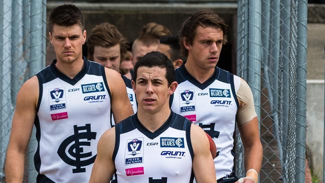 Northern Blues captain Tom Wilson leads his VFL side out. Photo Credit: Tim Murdoch.