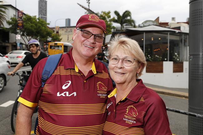 Robert and Nola Kerridge pictured at the Broncos v Rabbitohs, round 1, on Caxton Street, Brisbane 11th of March 2022. This is the first game for the BroncosÃ&#149; season.