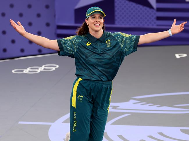 PARIS, FRANCE - AUGUST 09: B-Girl Raygun of Team Australia reacts during the B-Girls Round Robin - Group B on day fourteen of the Olympic Games Paris 2024 at Place de la Concorde on August 09, 2024 in Paris, France. (Photo by Ezra Shaw/Getty Images)