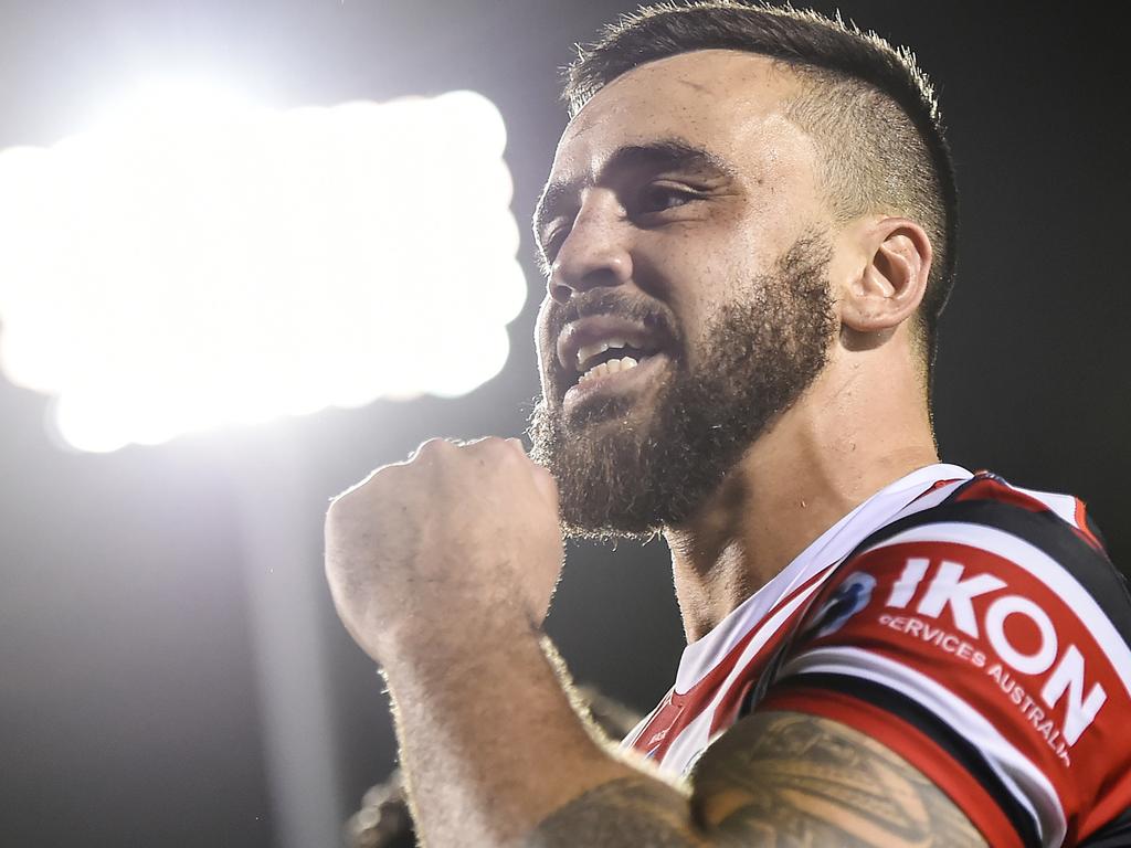 Matt Ikuvalu of the Roosters celebrates his team's victory during the round 25 NRL match between the Canberra Raiders and the Sydney Roosters at BB Print Stadium, on September 02, 2021, in Mackay, Australia. Picture: Albert Perez