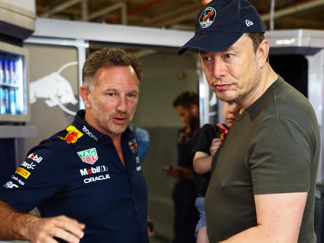 MIAMI, FLORIDA - MAY 06: Red Bull Racing Team Principal Christian Horner talks with Elon Musk in the Paddock prior to final practice ahead of the F1 Grand Prix of Miami at Miami International Autodrome on May 06, 2023 in Miami, Florida. (Photo by Mark Thompson/Getty Images)