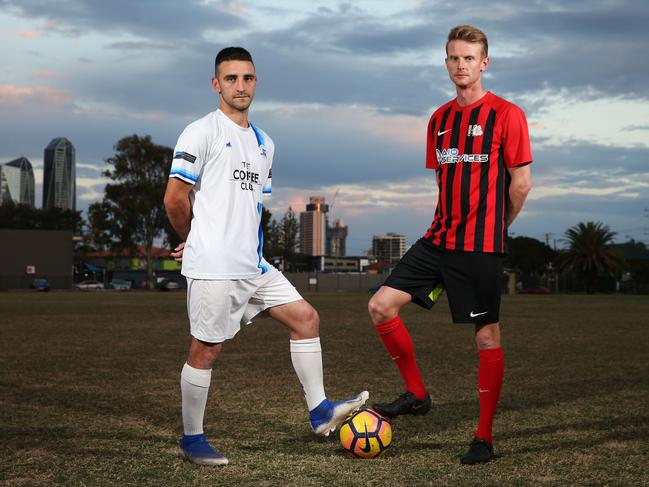 Surfers Paradise captain Bruno Rodriguez with Burleigh Heads’ Matt Noble. Picture Glenn Hampson