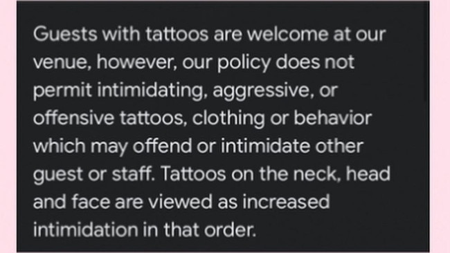 Burleigh Pavilion says guests with tattoos are welcome, but only if the art is not deemed “intimidating, aggressive or offensive”. Picture: Burleigh Pavilion.