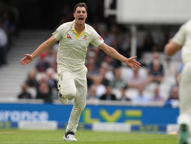 TOPSHOT – Australia's Pat Cummins celebrates after taking the wicket of England's Zak Crawley on the opening day of the fifth Ashes cricket Test match between England and Australia at The Oval cricket ground in London on July 27, 2023. (Photo by Daniel LEAL / AFP) / RESTRICTED TO EDITORIAL USE. NO ASSOCIATION WITH DIRECT COMPETITOR OF SPONSOR, PARTNER, OR SUPPLIER OF THE ECB