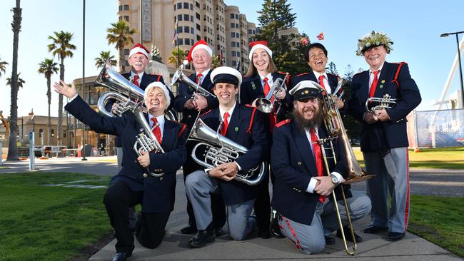 The Glenelg Brass Band’s Mike Parker, Lesley Sheath, Terry Stewart, Nathan Wessling, Rebecca Musik, Mark Simpson, Anne May and Gunter Mauch ahead of the 2019 Glenelg Christmas Carols.. Picture: AAP/ Keryn Stevens.