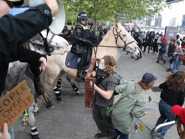 Protesters arm themselves with plastic pallets. Picture: David Crosling