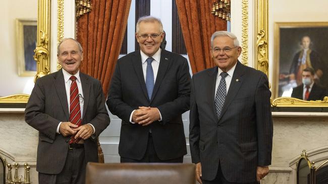 Prime Minister Scott Morrison (C) meets with Senate Foreign Relations Committee Chairman Bob Menendez, and ranking member Sen. Jim Risch at the US Capitol. Picture: Getty Images