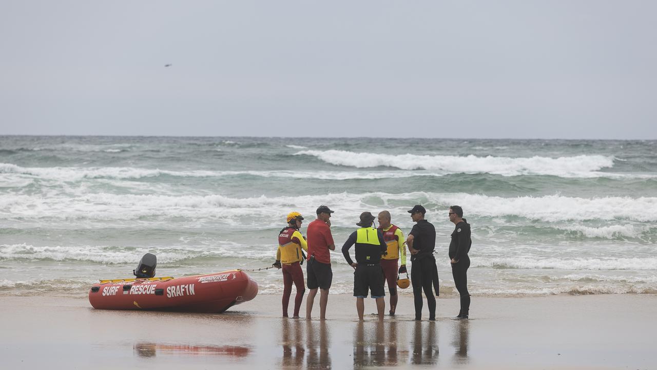 The search for 45-year-old Jay Notaro was launched at Broken Head about 12.40pm on Tuesday after his board was found abandoned and his vehicle located in the carpark. Picture: NewsWire/ Natalie Grono