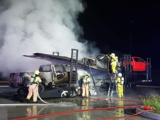 Twenty six firefighters fought to put out flames engulfing a truck trailer near the Hume Highway. Picture: NSW RFS