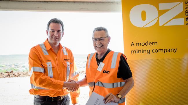 Left to right: OZ Minerals boss Andrew Cole and former Kokatha Aboriginal Corporation chairman Chris Larkin.