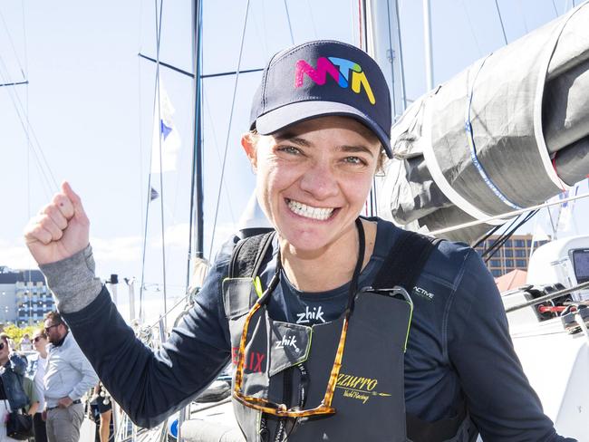 Jessica Watson after arriving at Hobart onboard the Azzurro. Picture: Chris Kidd