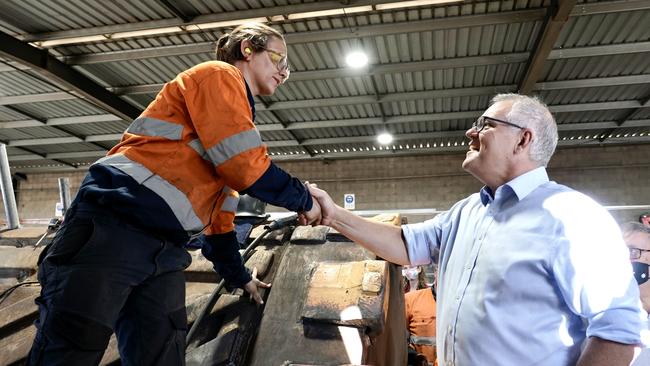 Prime Minister Scott Morrison visits SWEL Specialised Welding and Engineering to announce a $21.9 million Indigenous Leadership and Governance package. Picture: Adam Taylor/PMO/Supplied