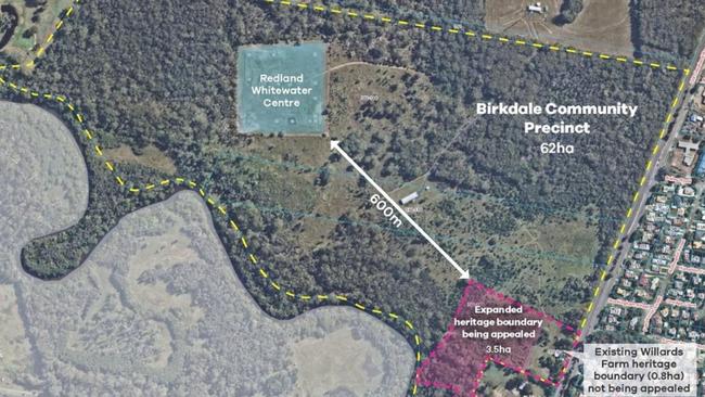 The pink area was the disputed land that the council appealed against after it was originally heritage listed in 2022. The map shows the entire precinct site which includes Willards farm and the whitewater rafting venue.