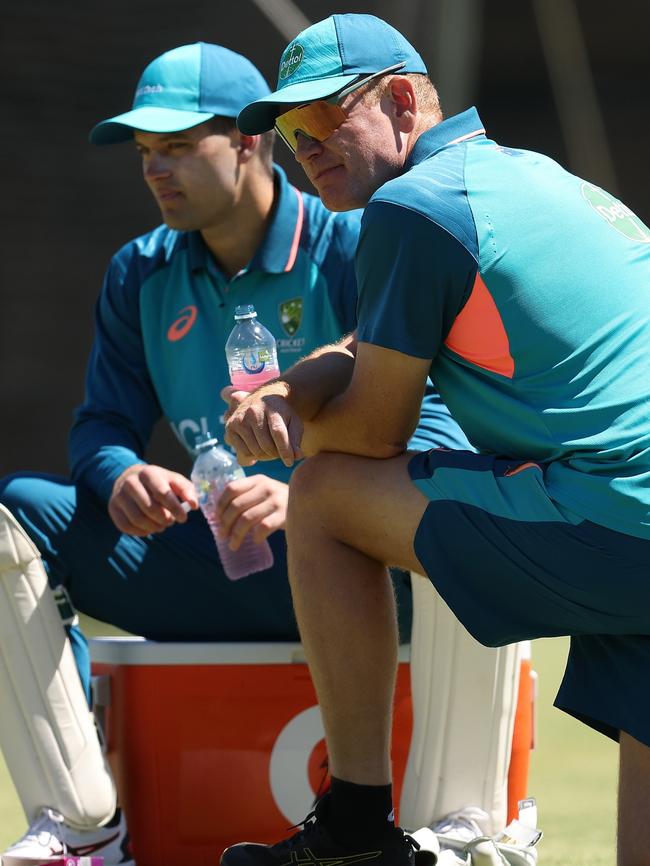 Australian coach Andrew McDonald and Carey this week. Picture: Paul Kane/Getty Images