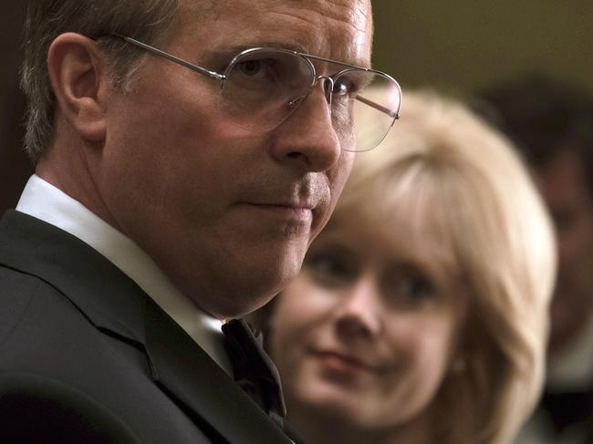 This image released by Annapurna Pictures shows Christian Bale as Dick Cheney, left, and Amy Adams as Lynne Cheney in a scene from "Vice."  On Thursday, Dec. 6, 2018, Bale was nominated for a Golden Globe award for lead actor in a motion picture comedy or musical for his role in the film. The 76th Golden Globe Awards will be held on Sunday, Jan. 6. (Matt Kennedy/Annapurna Pictures via AP)