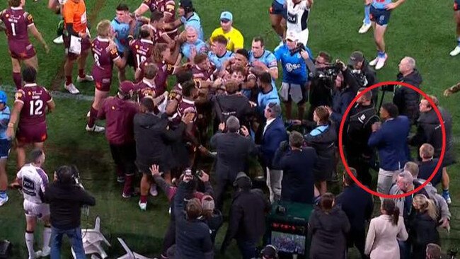 Haumole Olakau’atu getting involved in the melee on Wednesday night. Picture: Channel 9