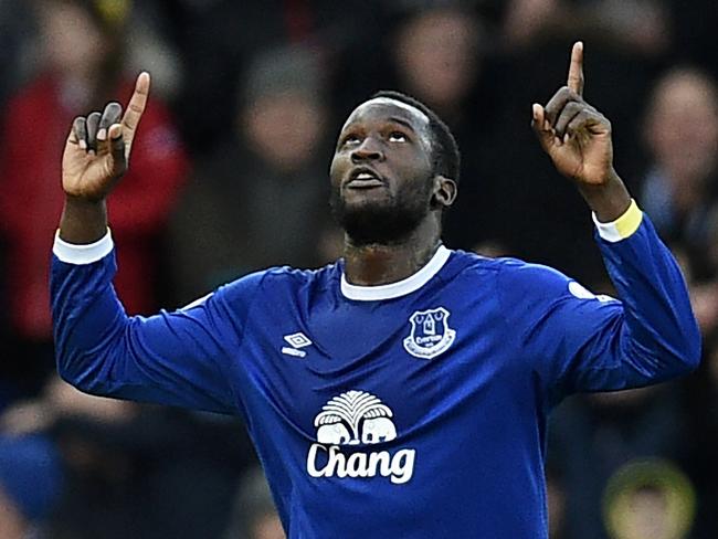 Everton's Belgian striker Romelu Lukaku celebrates.