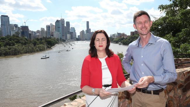 Premier Annastacia Palaszczuk and then Minister for Energy and Water Supply Mark Bailey announcing a Burdekin hydro scheme in Brisbane in 2017. Photo: Annette Dew