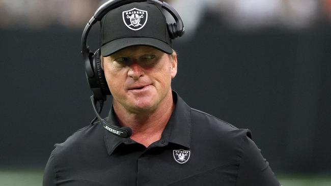 (FILES) In this file photo head coach Jon Gruden of the Las Vegas Raiders reacts during a game against the Chicago Bears at Allegiant Stadium on October 10, 2021 in Las Vegas, Nevada. - Las Vegas Raiders head coach Jon Gruden has resigned, multiple US media reported on October 11, 2021 as allegations of using misogynistic and anti-gay language rocked the coach just days after he was accused of racism. (Photo by Ethan MILLER / GETTY IMAGES NORTH AMERICA / AFP)